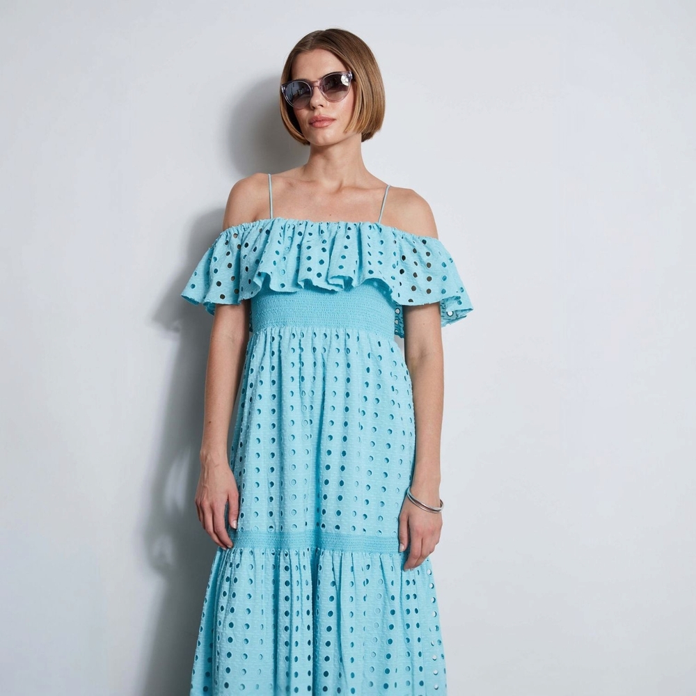 T Tahari Women's Eyelet Midi Dress – Blue Haze, Size M | Elegant Cotton Summer - Picture 3 of 7